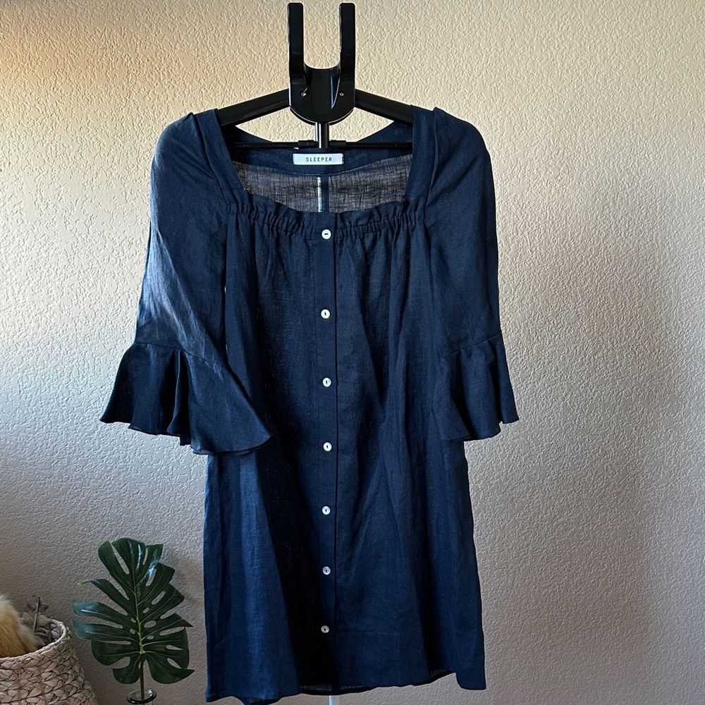 Sleeper Navy Button-Front Ruffle-Sleeve Mini Dress - image 1